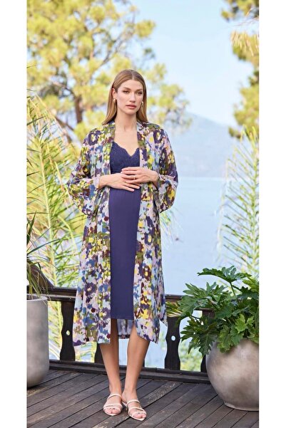 NightLove طقم رداء صباحي للحوامل من الدانتيل منقوش من موناميسي 25053