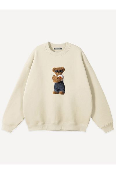 Mad&Calf Unisex Teddy Bear Printed Crew Neck Oversize Sweatshirt