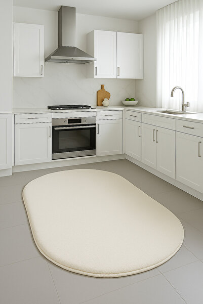 BESELY Krem Oval Kesme Yumuşak Kaymaz Taban Kalın Peluş Yıkanabilir Salon Yatak Oturma Odası Halı Yolluk