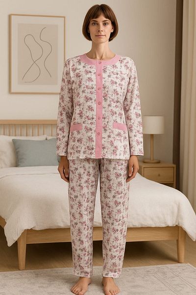 AYSUN TEKSTİL Women's Paddy Set with Wide-Fit Front Button Pockets and Flower Printed in Cotton Fabric.