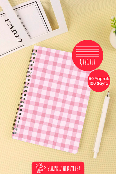 Anime Marketi Pink Squares Design A5 Spiral School Notebook 50 Sheets 100 Pages - Lined
