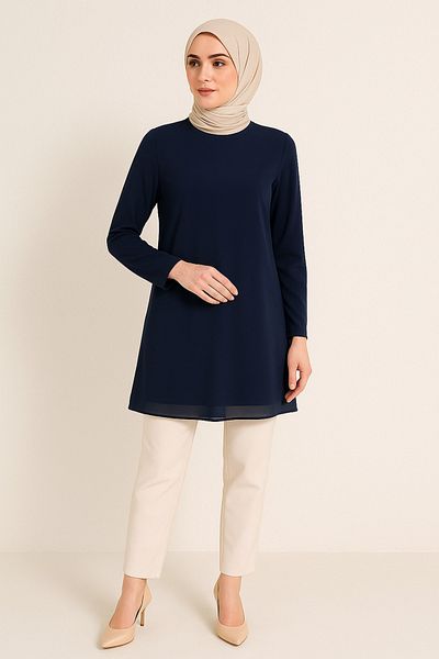 EsareModa Navy Blue Puane Front Chiffon Detailed Long Sleeve Underwear Tunic
