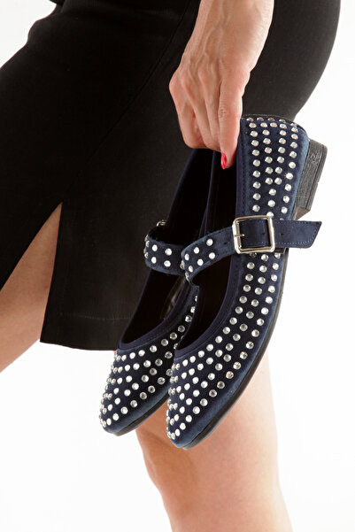 Ayakkabı Podyumum '' YAPRAK '' Lacivert Süet Yuvarlak Burunlu Ortapedik Taşlı...