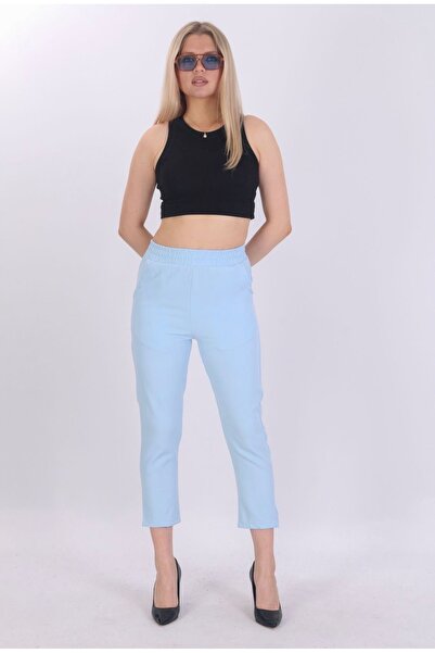 SheLoria Women's Baby Blue Double Pocket Elastic Waist Narrow Leg Bell Pants