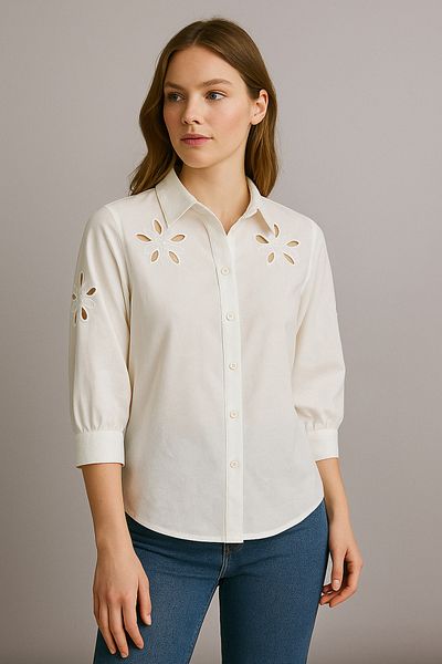 Noi Belis White Brode Detailed Short Sleeve Woven Shirt Ss25Go0012