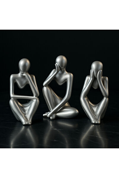 Elithestudio Elithé Studio – Modern Metalik Gümüş Dekoratif 3’lü Heykel Seti