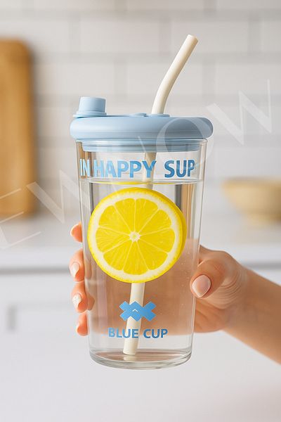 NEWNOW Colored Lid Glass Detox Cup with Straw & Fruit Infuser