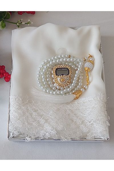 hira tasarım Needle-Embroidered Guipure Prayer Cover with Stones, Prayer Beads Set, Mother's Circumcision, Mevlid Gift