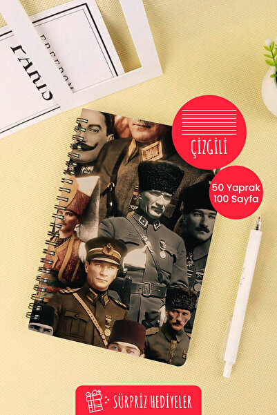 Anime Marketi Mustafa Kemal Atatürk Designed A5 Spiral School Notebook 50 Sheets 100 Pages - Lined