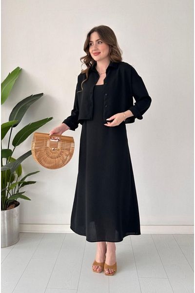 Afiş Butik Black Strap Pleated Shirt Midi Dress