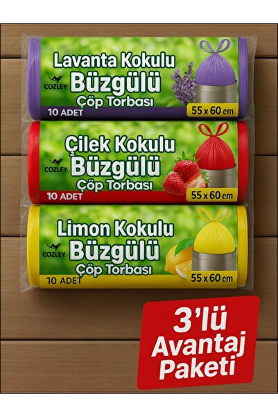 COZLEY 30 Adet Orta Boy Kokulu Büzgülü Çöp Poşetleri Lavanta Limon Çilek Kokulu Çöp Torbaları 55x60 CM