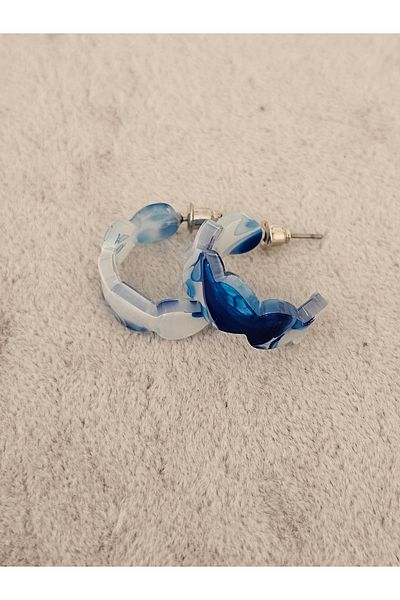 SiestaAccessories أقراط دائرية من الأكريليك منقوشة باللون الأزرق والأبيض