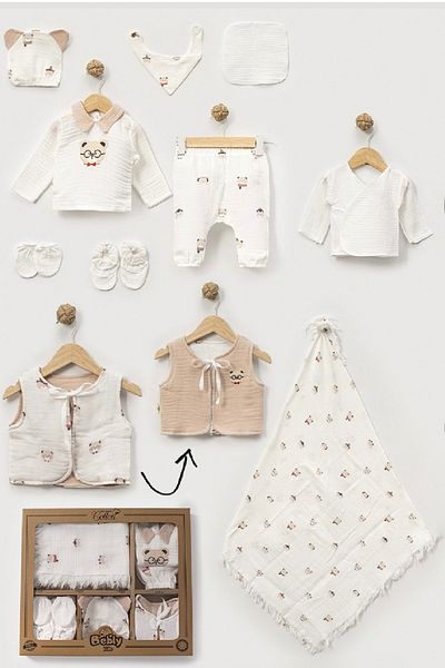 Cherub Baby Muslin Fiber Vest Teddy Bear Patterned Baby Boy Newborn 10 Piece Hospital Release Bodysuit Set