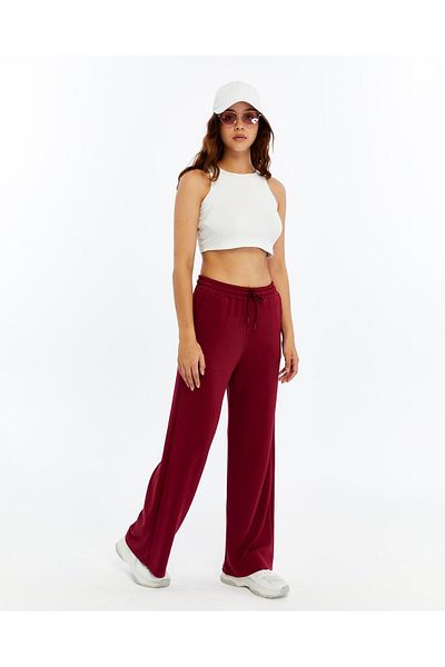 FEMİNEER.com Burgundy Wide Leg Modal Fabric Women's Sweatpants
