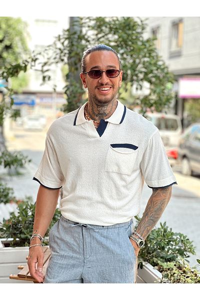 manch collection Single Pocket Oversize Double Color Knitwear Polo Neck Cream