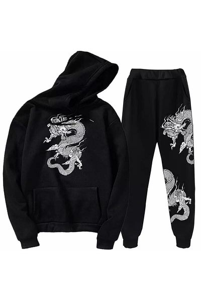 Hunors Sportswear & Company Hooded Dragon Printed Thick Winter Oversize Japanese Style Women's Tracksuit