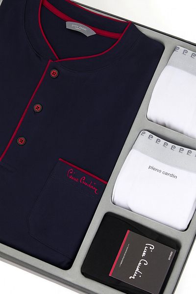Pierre Cardin Cotton Navy Blue 5-Piece Special Boxed Groom Dowry Set (+1 Pair of Socks Gift) 3Sq1Ek1Kt1.5.L