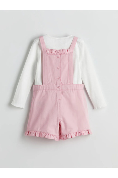 LC Waikiki Lcw Kids Pink Crew Neck Long Sleeve Basic Girl's T-Shirt and Salopet