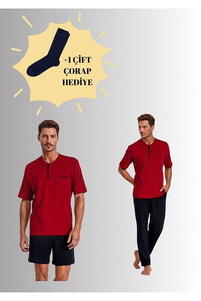 Pierre Cardin 100% Cotton Claret Red Boxed 4-Piece Men's Dowry Pajama Set (1 Pair of Socks with Gift) 6Pqi4Ekr8Rke1.4L