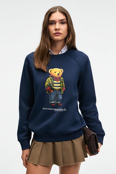 GRIMELANGE Aeloria Women's Front Printed Raglan Sleeve Oversize Navy Blue Sweatshirt