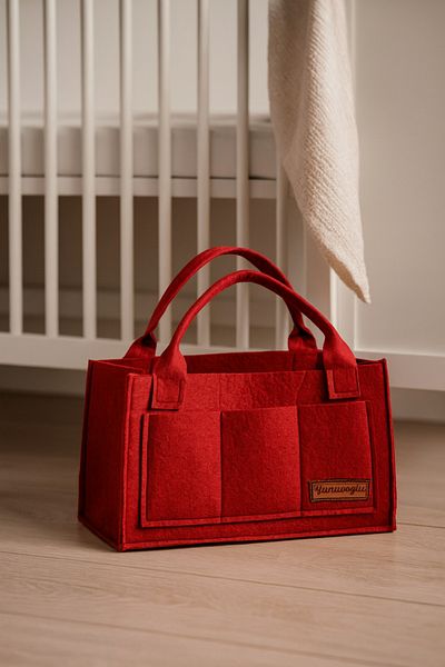 YUNUSOĞLU HOME Red Felt Mother Baby Care Bag Cream Organizer for Newborn
