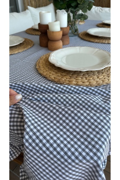 Decamor home Linen Stain Resistant Gray Gingham Ruffled Table Cloth