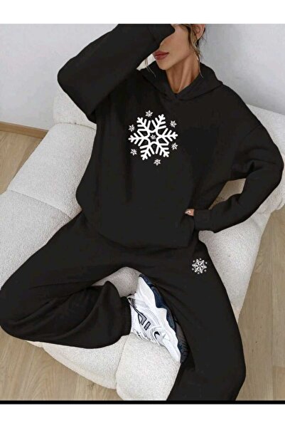 kahire Snowflake Printed Bottom Top Hooded Black Tracksuit Set Oversize Women...