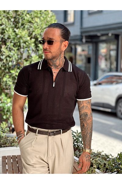 manch collection Collar Zipper Striped Perforated Knitwear Polo Collar Black