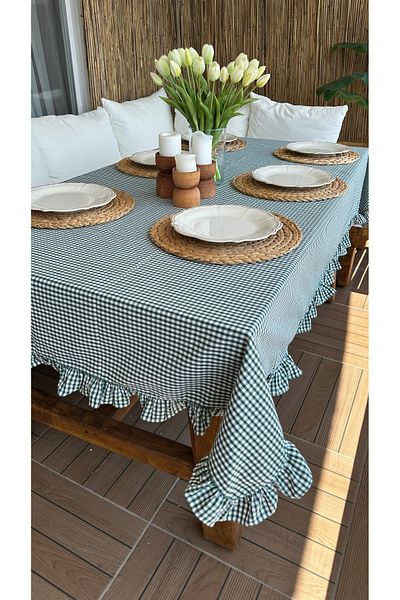 Decamor home Linen Stain Resistant Emerald Green Gingham Ruffled Table Cloth