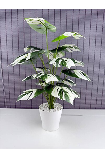 Bahçem Yapay Yapraklı Çiçek Monstera Yeşil Beyaz Deve Tabanı Salon Çiçeği Pla...
