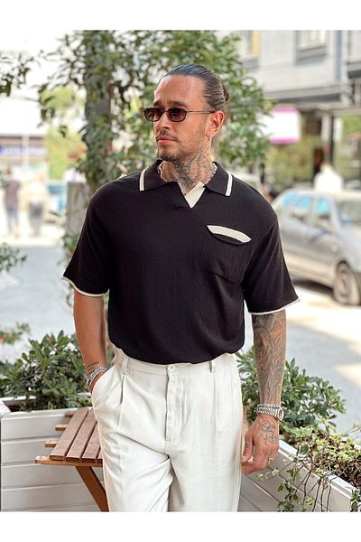 manch collection Single Pocket Oversize Double Color Knitwear Polo Neck Black