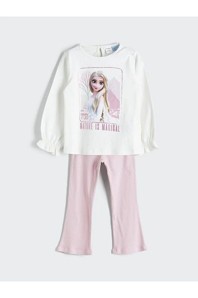 LC Waikiki Lcw Kids Ecru Crew Neck Elsa Printed Girl's T-Shirt and Leggings 2-Piece