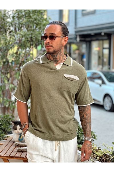 manch collection Single Pocket Oversize Double Color Knitwear Polo Neck Green