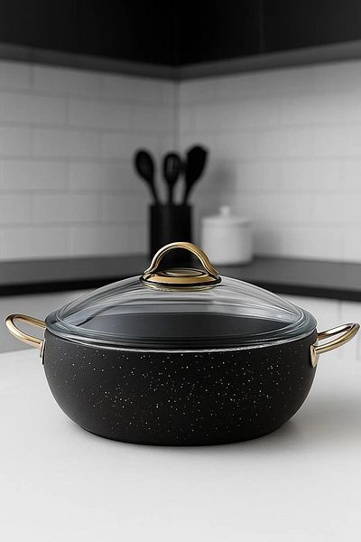 YUNUSOĞLU HOME Granite Pot 20 cm – 2.5 Liter, Gold Handle, Fireproof Non-Stick, Glass Lid