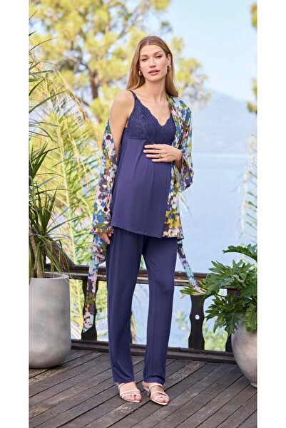NightLove Monamise Desenli Dantelli Hamile 3'lü Pijama Takımı 25054