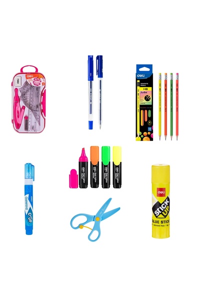 Deli School Combo set,12 pens, Highlighters, Pencil, Glue Stick, Scissors, Correction pen, Instrument Box