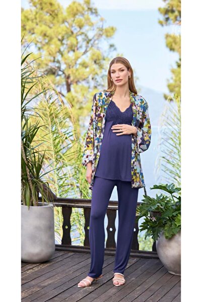 NightLove Monamise Desenli Dantelli Hamile 3'lü Pijama Takımı 25054