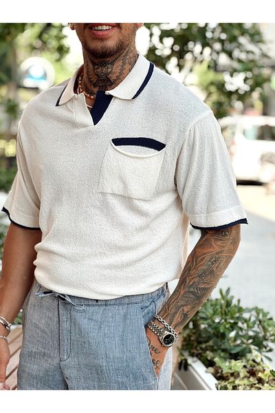 manch collection Single Pocket Oversize Double Color Knitwear Polo Neck Cream