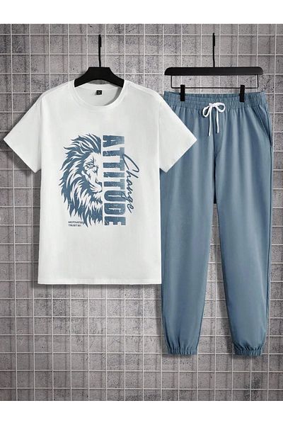 Hunors Sportswear & Company 2-Piece Lion Printed White T-Shirt Baby Blue Tracksuit - T-Shirt Bottom Top Set Printed Crew Neck