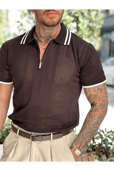 manch collection Collar Zipper Striped Perforated Knitwear Polo Collar Black
