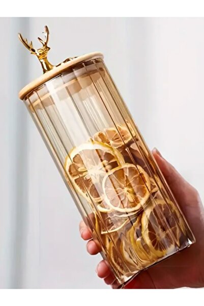 Saatistan Kahverengi kehribar renkli geyikli cam saklama kavanozu 2'li, 600 ml, şık ve kullanışlı