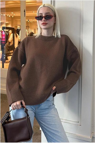 K-ODEA BUTİK Women's Brown Oversize Knitwear Sweater - Soft Textured Crew Neck