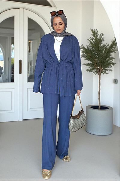 Aselim Hijap Moda Cotton Linen Stone Detailed Double Suit |   Blue