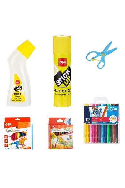 Deli Back to School Art Combo Set – Liquid Glue, Scissors, Color Pencils, Sketch Pens & Crayons