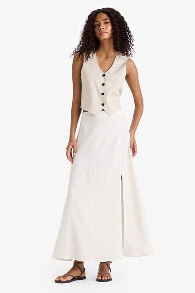 DeFacto New Season A-Line Regular Waist Slit Linen Blend Maxi Skirt