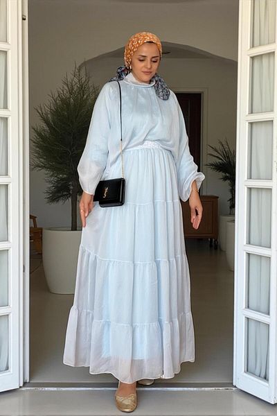 Aselim Hijap Moda Cotton Voile Lined Robe Skirt Suit Blue