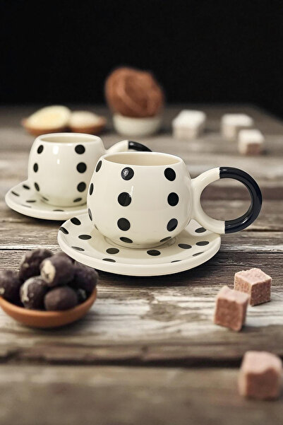 Home طقم فناجين قهوة سيراميك كبير الحجم من Polka Duble كريمي لشخصين