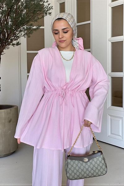 Aselim Hijap Moda Cotton Linen Stone Detailed Double Suit |   Pink