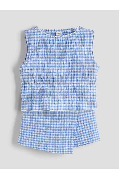 LC Waikiki Lcw Kids Blue Crew Neck Plaid Girls Blouse and Shorts Skirt