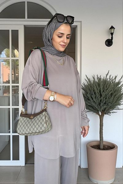 Aselim Hijap Moda Velura Flexible and Soft Textured Double Set |   Seasonal -36-48 Size Mink